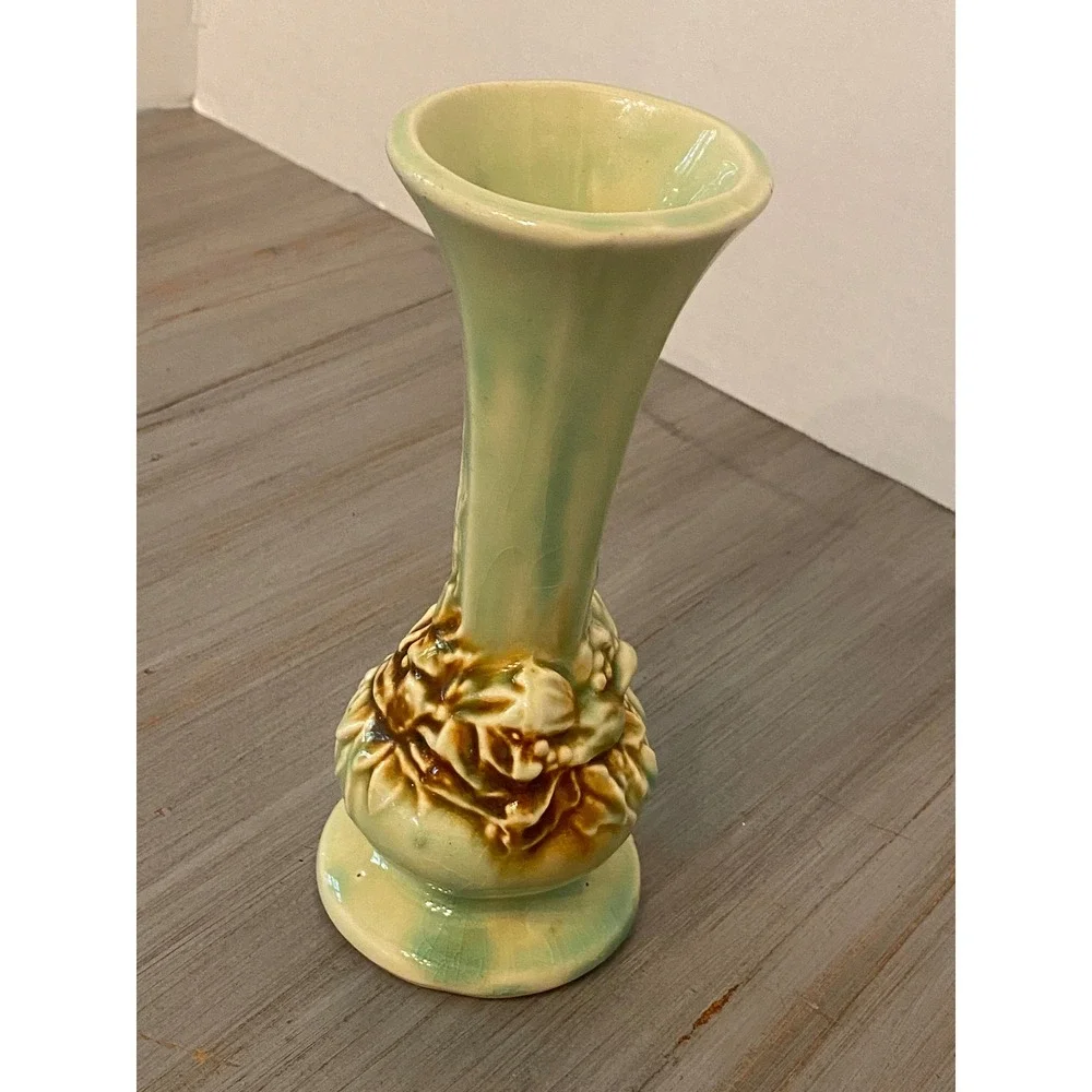 Vintage McCoy Bird and Nest Ceramic Bud Vase Celadon Green Brown Drip Glaze